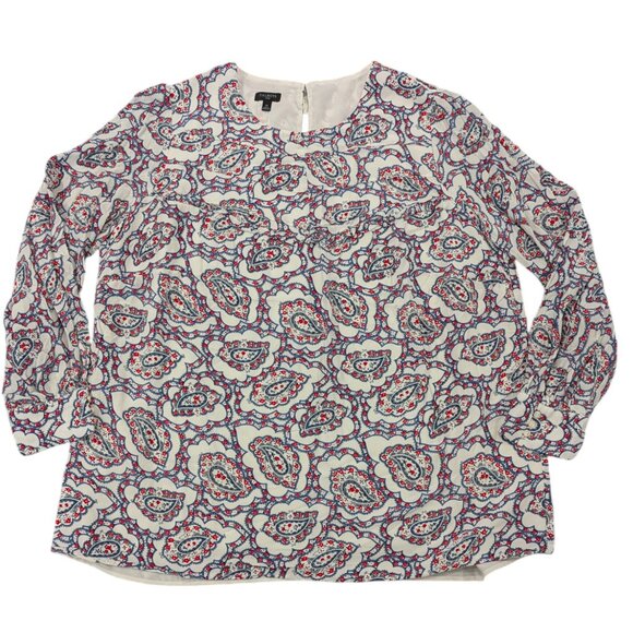 TALBOTS Pintuck Yoke Blouse 1X Paisley White Red Navy Blue Long Sleeve - Picture 4 of 13